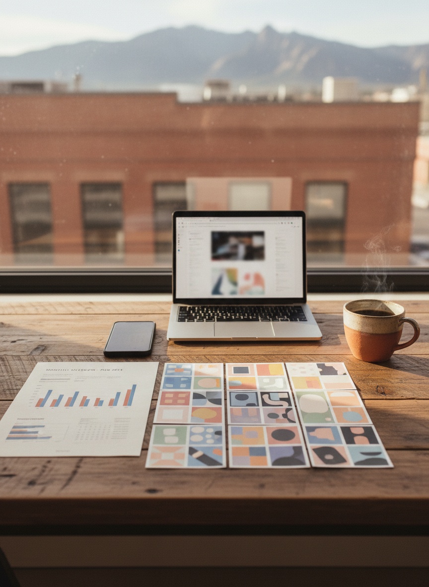 Social media designs and a monthly report laid out on a desk