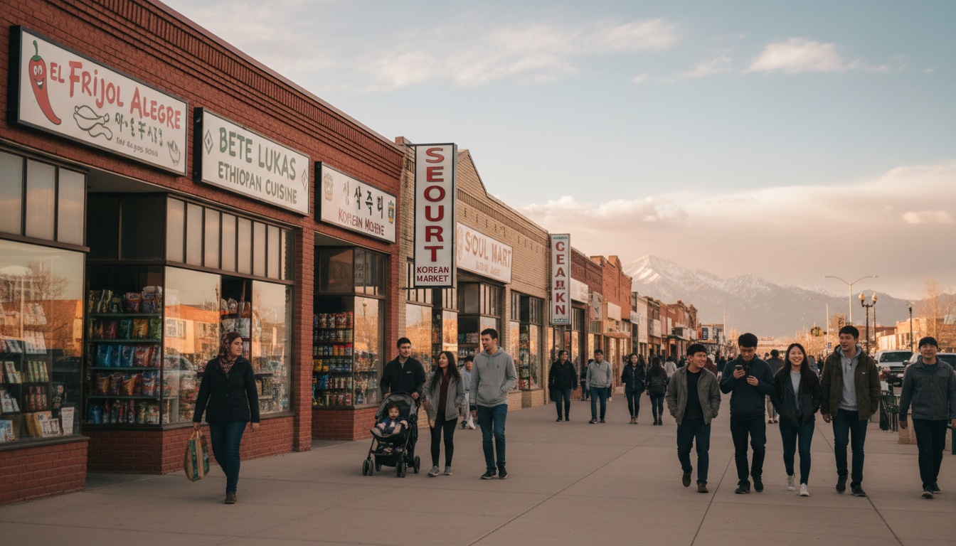 A multilingual commercial street in Aurora, Colorado