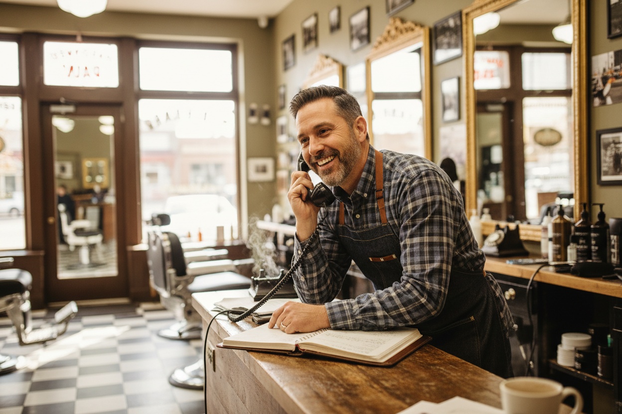A barbershop owner taking a booking on the phone