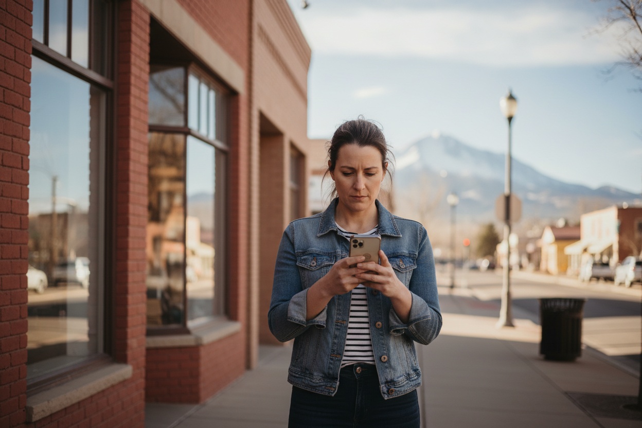 Una clienta comparando negocios locales en su teléfono