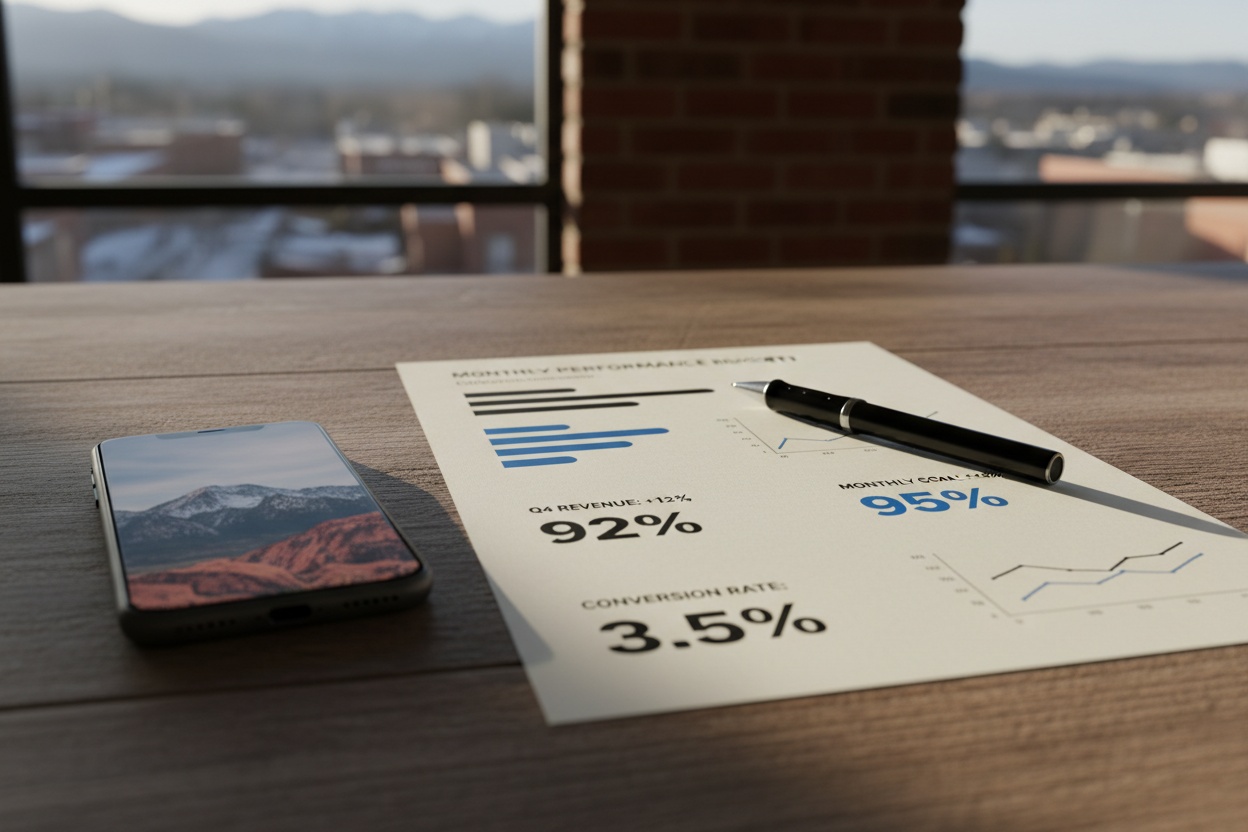 A one-page monthly performance report on a desk